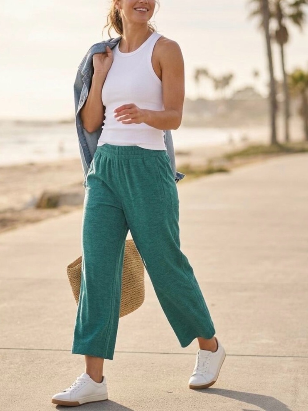 Athleta‎ NWT Cropped Wide Leg Pants Echo Crepe Pull On Green Size 12